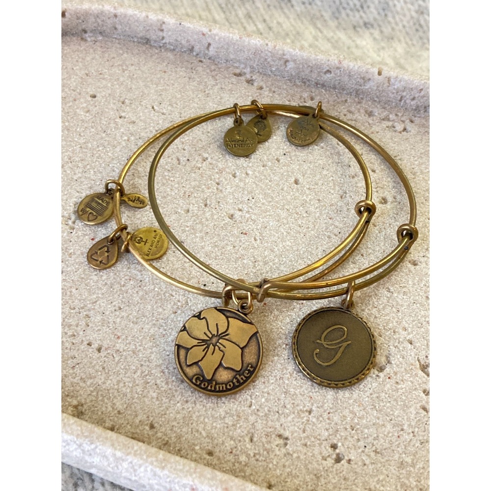Alex and Ani Bangle Bracelets Set‎ of 2 Godmother Charm Brass Tones Stackable